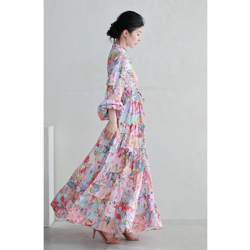新品 ♡ 長袖 花柄 ティアード ワンピース リボン ドレス パーティー M MからL対応 紐リボン付き 優美な花の世界広がるティアードロング