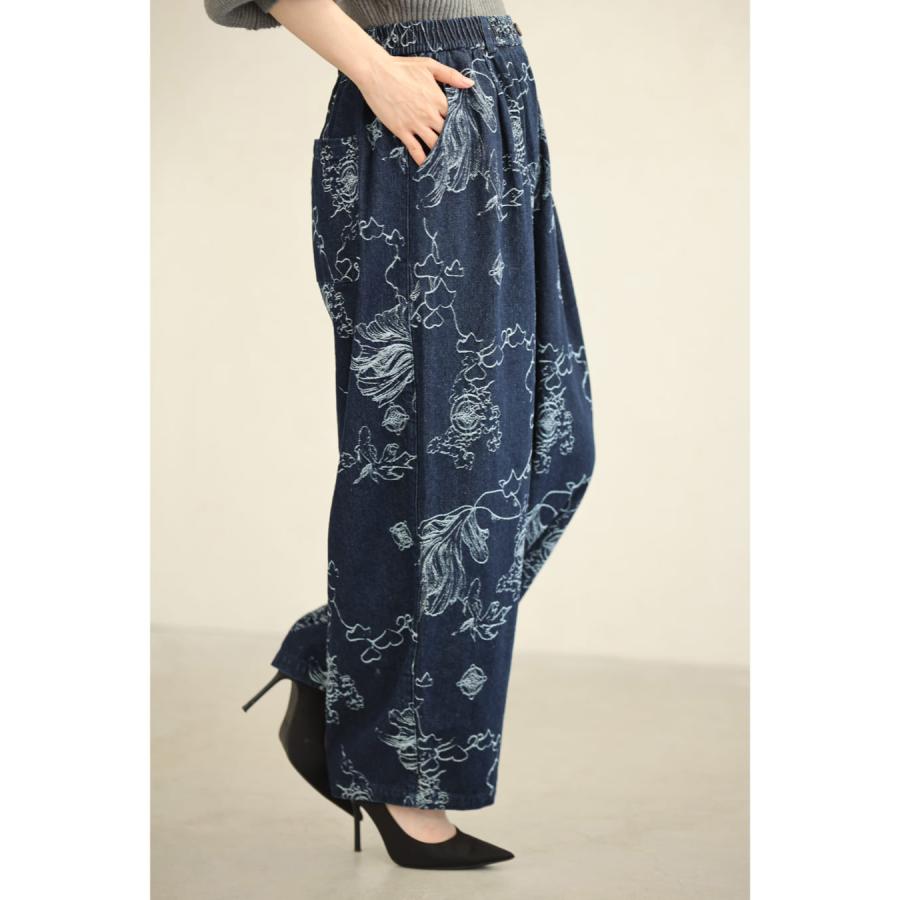 Sから2L対応 アーティスティックな花画デニムワイドパンツ : CAWAII