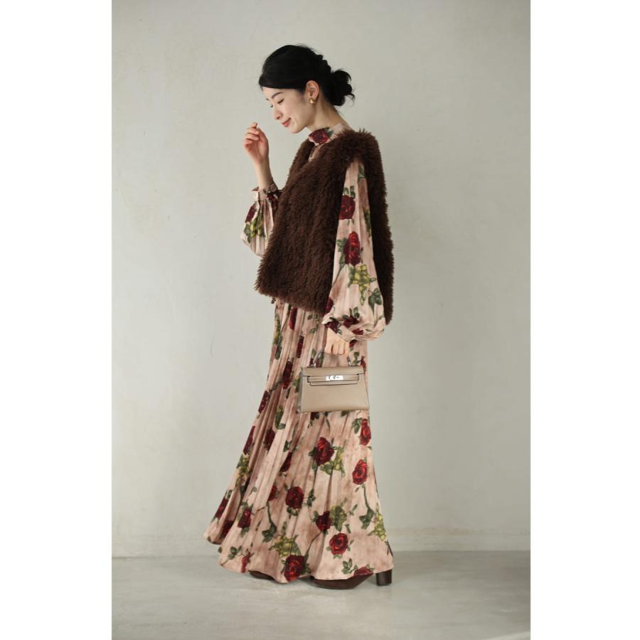 cawaii Mから3L対応 気品ある薔薇のプリーツロングワンピース 紐ベルト