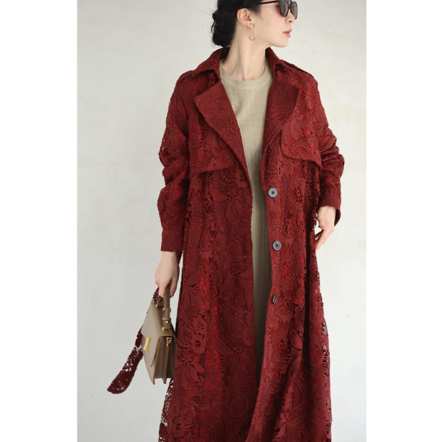 日本未上陸フランスブランド　赤 トレンチコート ウエストベルト付き　撥水 cawaii Sから3L対応 ラグジュアリーな全面レースのトレンチコート
