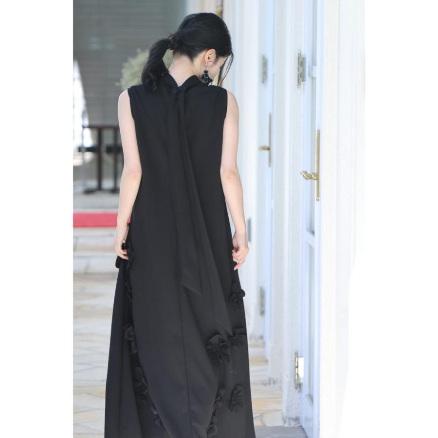 SからL対応 ひらひら花コサージュのストレッチ素材ロングワンピース_17