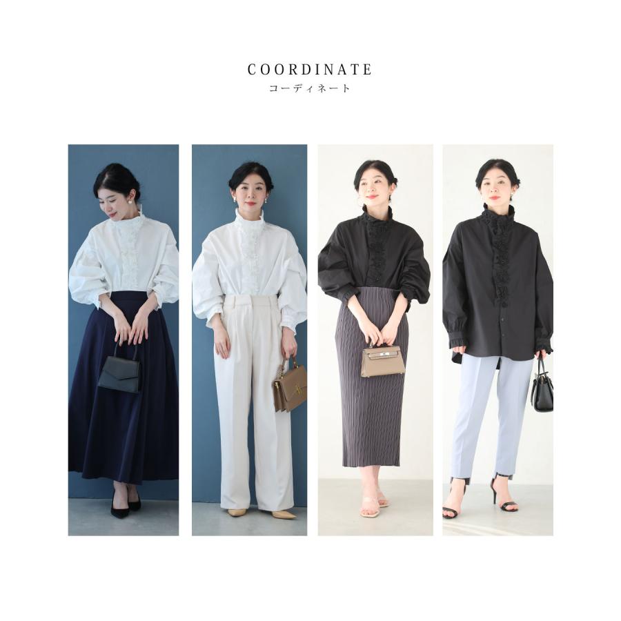 Sから2L対応 花モチーフビジューが流れるスタンドネックブラウス