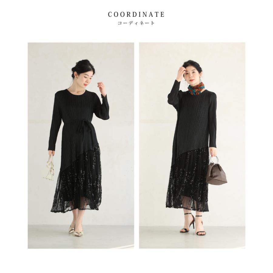 Sから3L対応 黒 華やかなスパンコール煌めく切り替えプリーツ