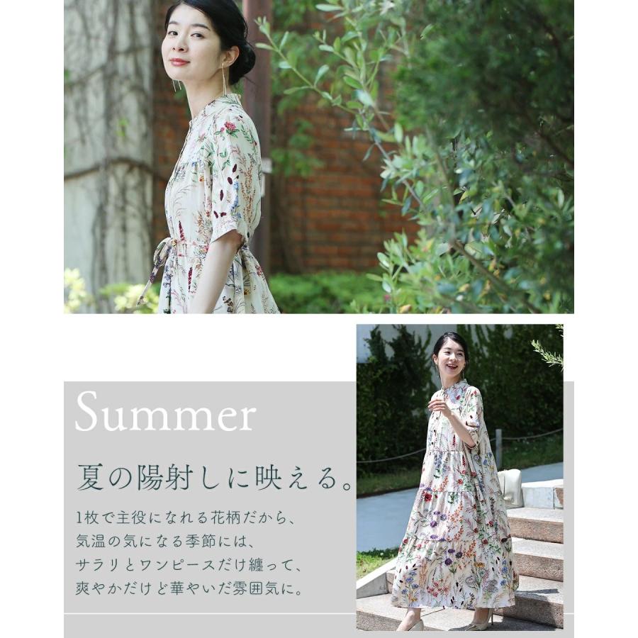 Sから2L対応 季節を彩る花集めティアードロングワンピース 紐リボン