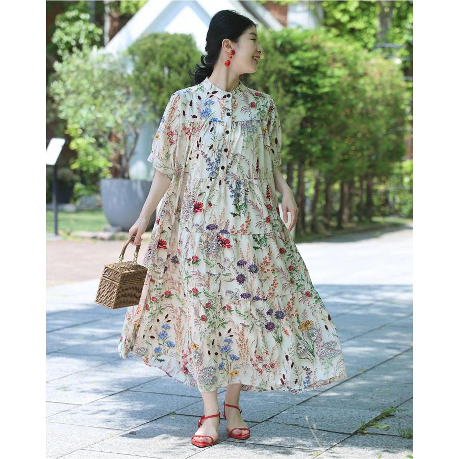 Sから2L対応 季節を彩る花集めティアードロングワンピース 紐リボン