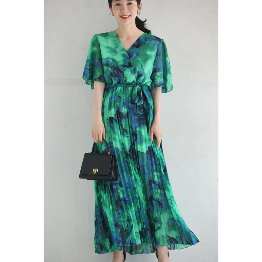 Sから2L対応 緑と青が織りなす夏花プリーツロングワンピース リボン