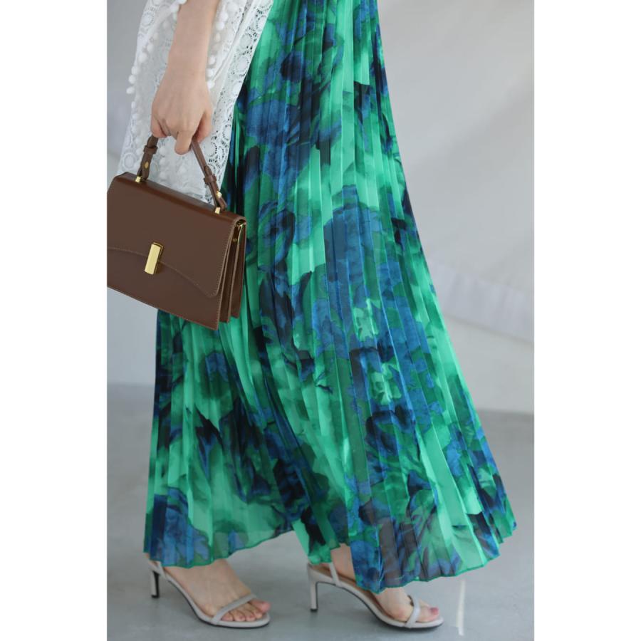 Sから2L対応 緑と青が織りなす夏花プリーツロングワンピース リボン