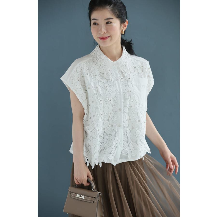 SからL対応 満開の白花レースとビジュー輝く裾絞りシャツトップス