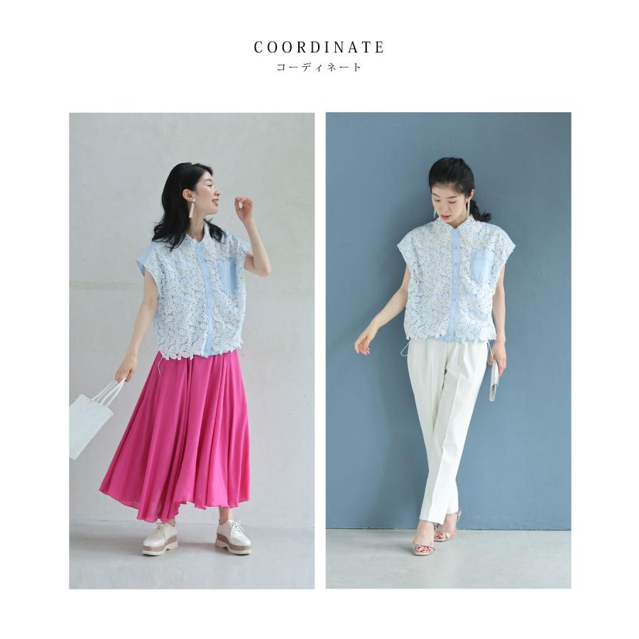 再入荷8月14日 満開の白花レースとビジュー輝く裾絞りシャツトップス cawaii w61343ps S~L対応 ノースリ ドロスト 爽やか ホワイト ブルー オシャレ 個性的 大人可愛い エレガント 上品 春 夏 綿 レディース ファッション 30代 40代 50代 SからL対応 満開の白花レースとビジュー輝く裾絞りシャツトップス