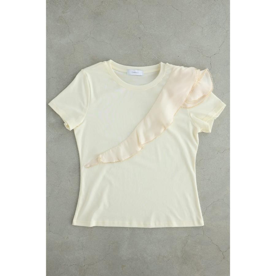 SからM対応 縁取りビジューのアシンメトリーフリルTシャツトップス