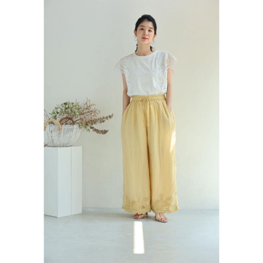 SからL対応 花刺繍裾のリネンワイドパンツ : CAWAII - 通販 - Yahoo