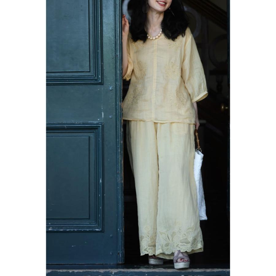 SからL対応 花刺繍裾のリネンワイドパンツ : CAWAII - 通販 - Yahoo