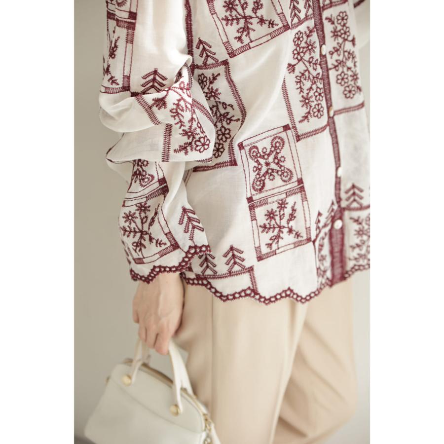 SからL対応 ワイン色刺繍で描くタイル柄シアーシャツトップス : CAWAII