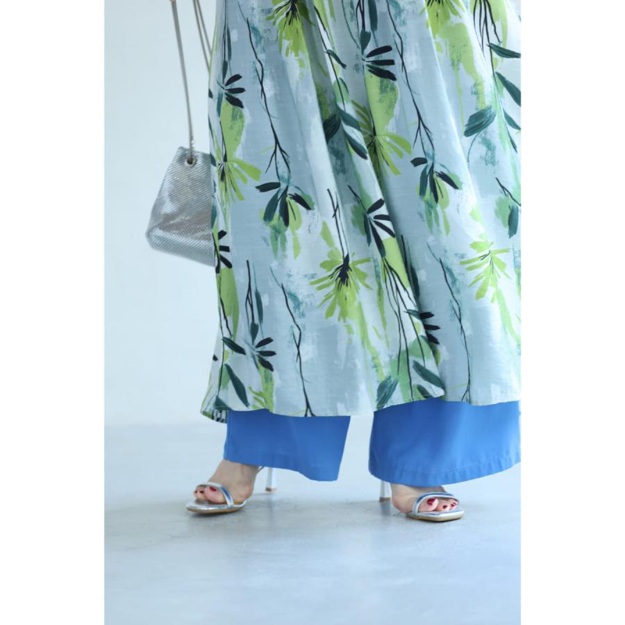 Sから2L対応 涼しさ舞い込むグリーンアートロングワンピース リボン