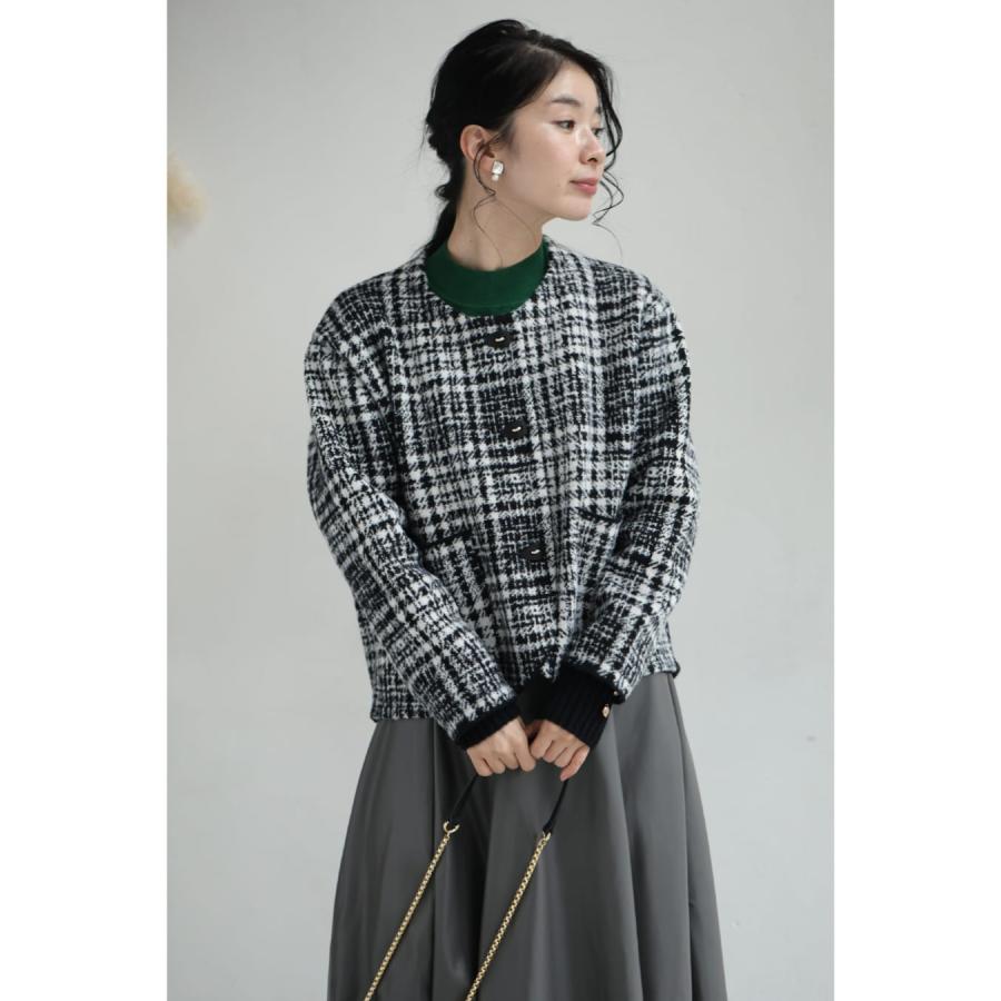 Sから2L対応 重ね着風な手元のチェックニットジャケット : CAWAII