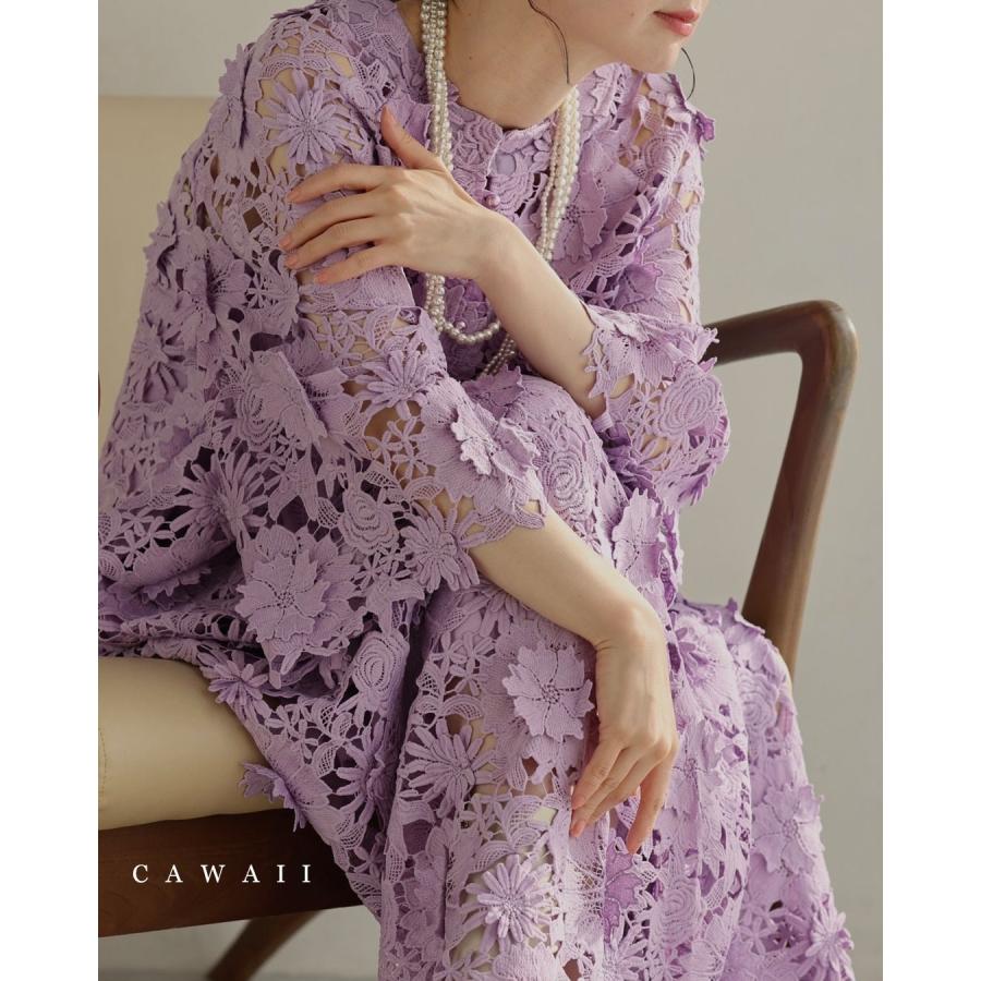 Sから2L対応 一面に美しさ広がる立体花レースロングワンピース 