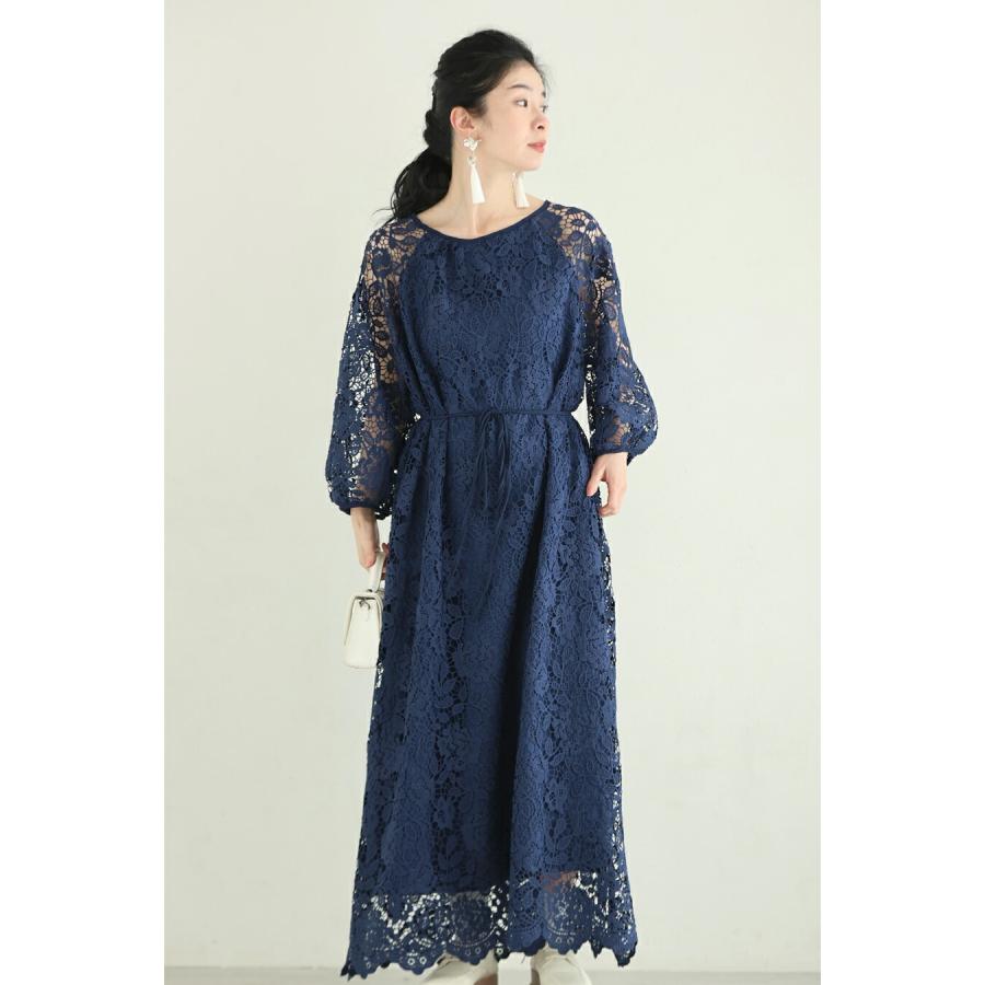 Sから3L対応 一面に咲く花衣レースロングワンピース 紐ベルト付き