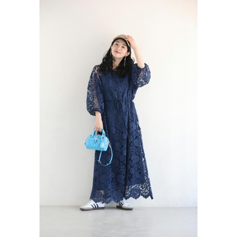 Sから3L対応 一面に咲く花衣レースロングワンピース 紐ベルト付き