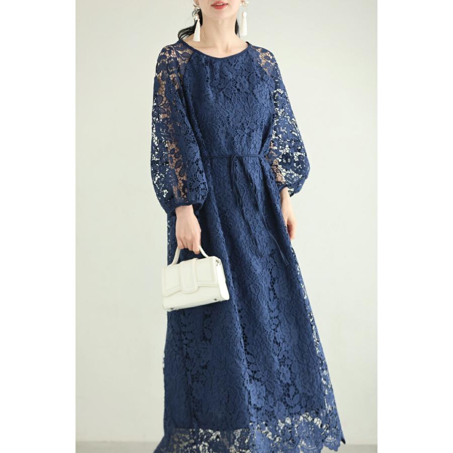 Sから3L対応 一面に咲く花衣レースロングワンピース 紐ベルト付き