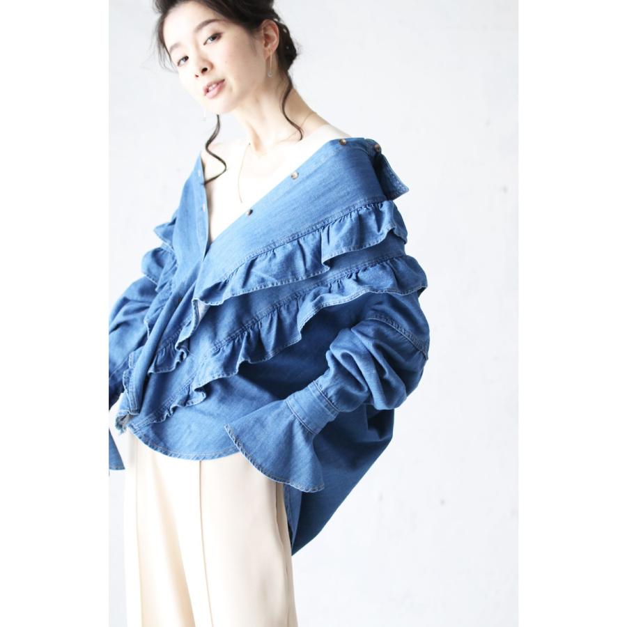 French Pave フリルを施したフレアスリーブデニムシャツトップス M3l対応 Cawaii Wko French Pave 通販 Yahoo ショッピング
