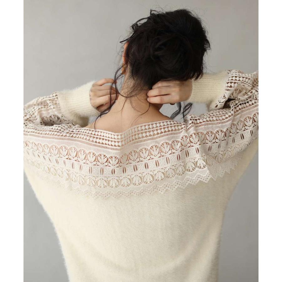 新品 FRENCH PAVE 美しいはしごレースのボートネックニットcawaii cawaii frenchpave アイボリー 美しいはしごレースのボートネック