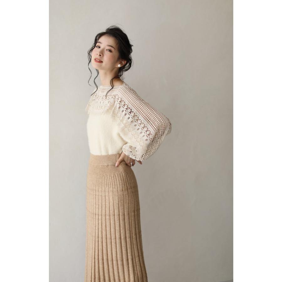 新品 FRENCH PAVE 美しいはしごレースのボートネックニットcawaii cawaii frenchpave アイボリー 美しいはしごレースのボートネック