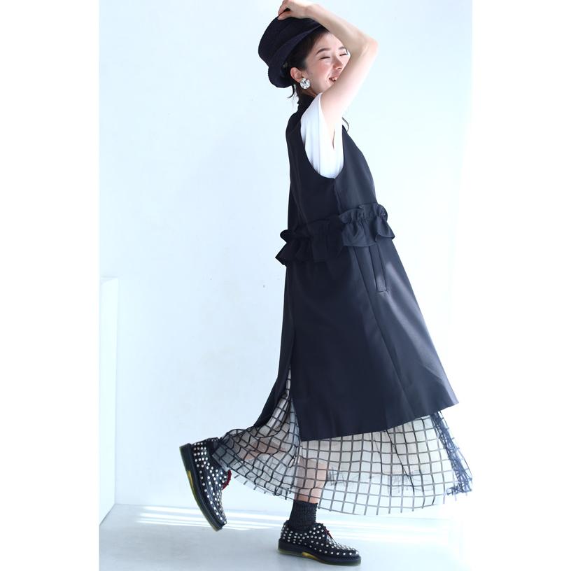 FRENCH PAVE チュール揺らめく2重裾のふんわりミディアムガウン 1回着 SからL対応 FRENCH PAVE 格子チェックのふわり重なるチュール