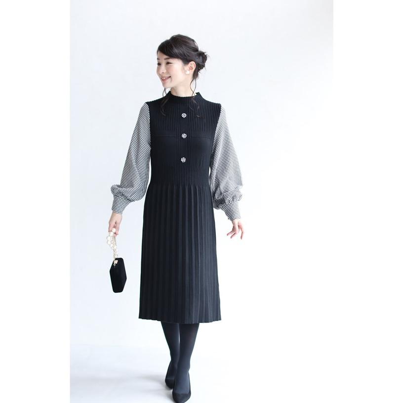 French Pave 千鳥格子スリーブのニットプリーツミディアムワンピース ベルト付き Sl対応 Cawaii W French Pave 通販 Yahoo ショッピング