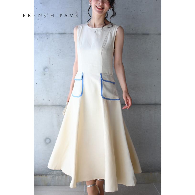 cawaii french french paveSからM対応  FRENCH PAVE 可愛いパイピングポケット ホワイトロングワンピース