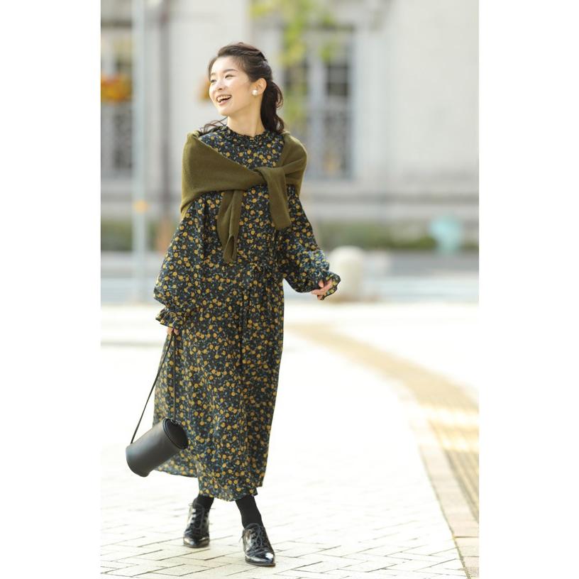 カネコイサオ、カーキ 花柄 長袖ワンピース カネコイサオ 花柄ワンピース KANEKO ISAO 黄色 チェック フラワー