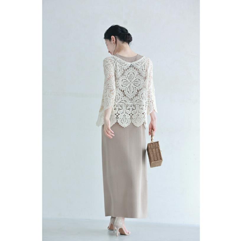 夏を涼しく美しく着こなすクロシェトップスとニットワンピース2点セット cawaii w6s00145 春服 春物 夏 夏服 夏物 着回し アイボリー クリーム ベージュ バイオレット ブラック 綿100％ コットン エレガント レディース ファッション 夏を涼しく美しく着こなすクロシェトップスとニットワンピース2点