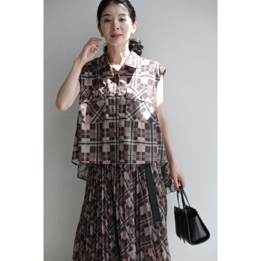チェックシャツとプリーツラップスカートの2点セット ペチコート付き