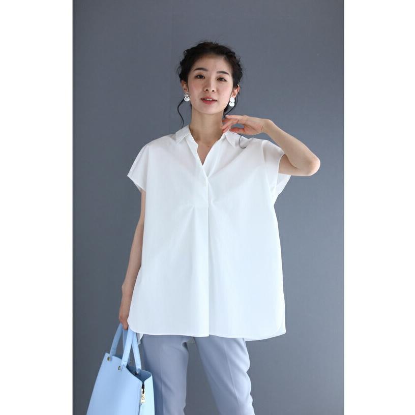 再入荷2月1日 母の日 半袖シャツ レディース シャツ wk00164 S~L  着回し優秀スキッパーブラウストップス cawaii  綿100％ 白 体型カバー ゆったり ロング チュニック丈 お呼ばれ 通勤 オフィス きれいめ 上品 ミセス 60代 40代 50代 30代 cawaii SからL対応 着回し優秀スキッパーブラウストップス : CAWAII