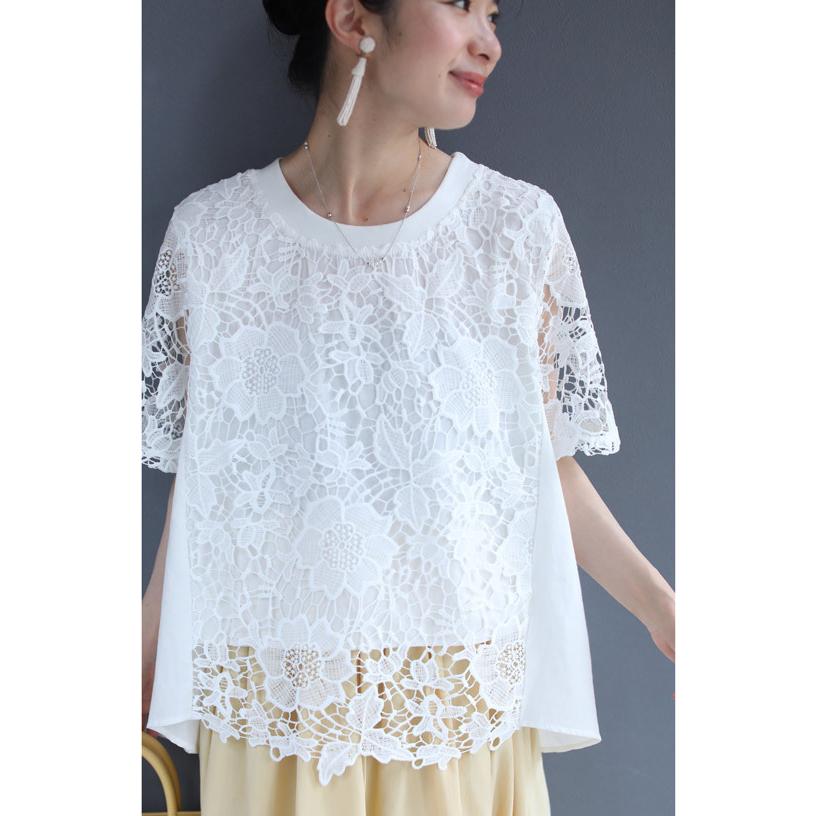 再入荷6月4日 （黒）花レース模様浮かぶ重なるベール袖プルオーバー