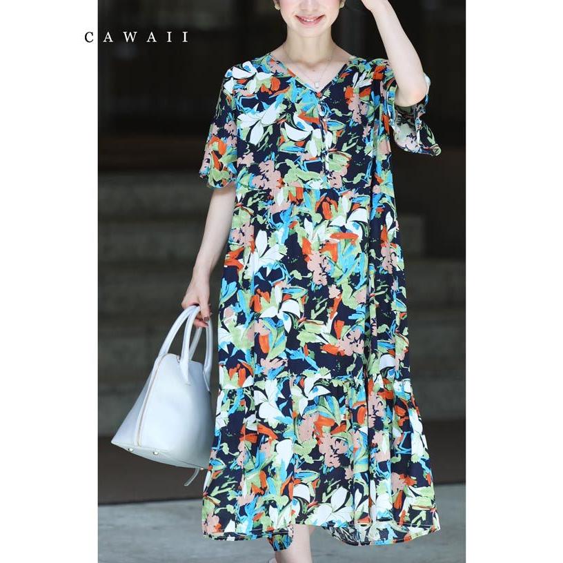 Sから2l対応 紐ベルト付き 鮮やかな花を描いたアートミディアムワンピース Wk French Pave 通販 Yahoo ショッピング