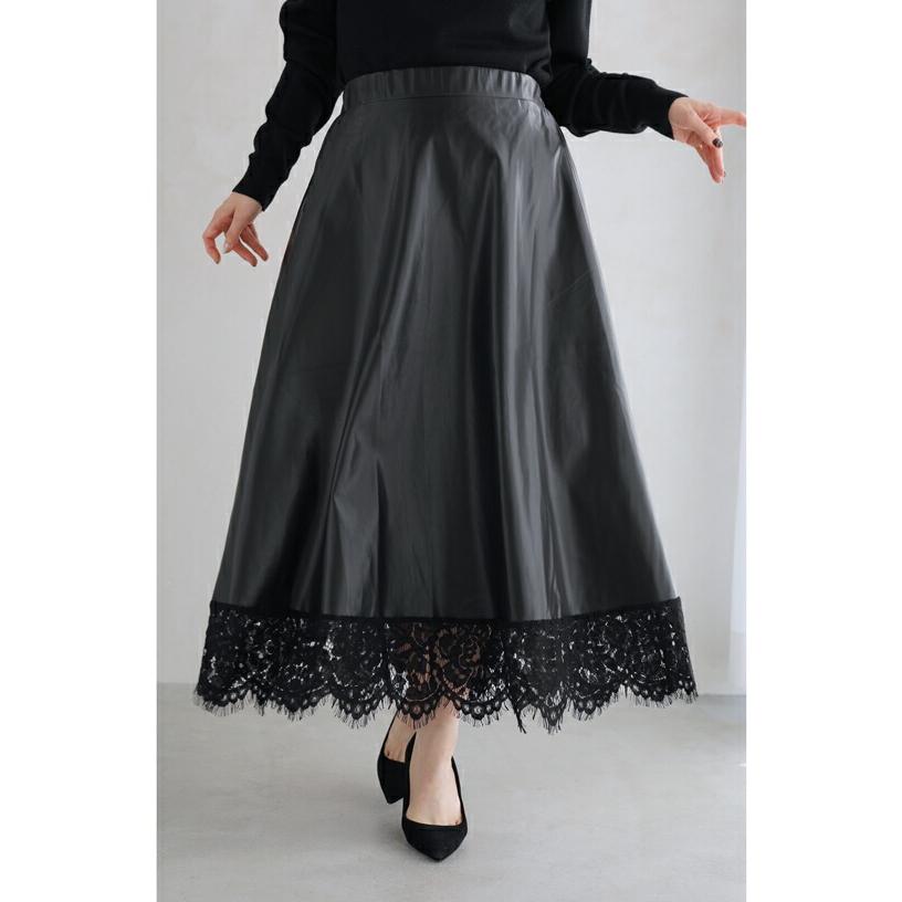 セール商品返品交換不可】定価:7800黒 裾レースのフェイクレザー