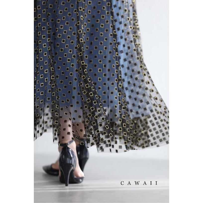 Sから3L対応 スクエア柄チュール広がるロングスカート :wkg00370