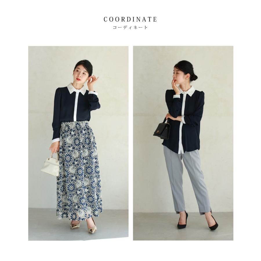 cawaii SからL対応 濃紺 パール浮かぶ白花襟ブラウストップス : CAWAII 