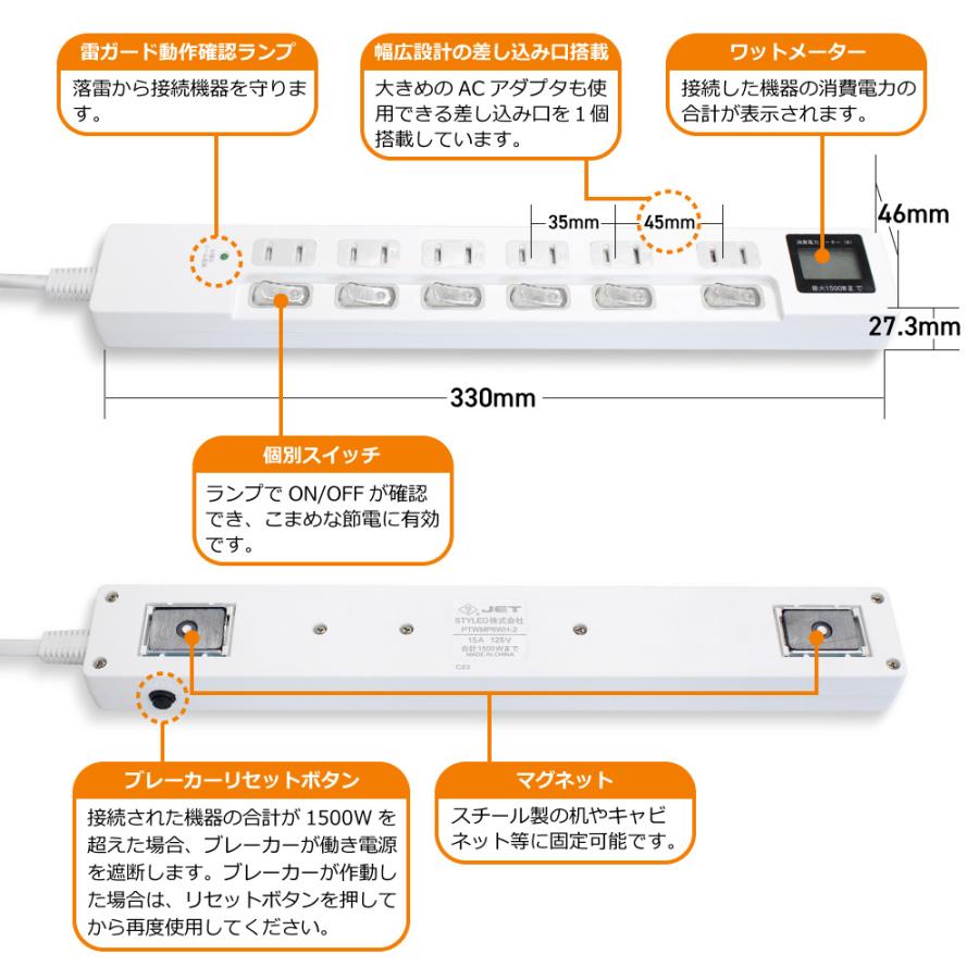 ワットメーター付き延長コード　コンセント 6口 2m 18ヵ月保証　雷ガード テレワーク スマホ タブレット 節電タップ　ホワイト PTWMP6WH-2｜fresasol｜03