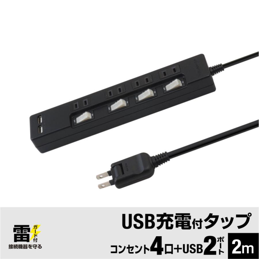 ブラック 延長コード 2m 電源タップ usb付き 雷ガード USB 充電ポート