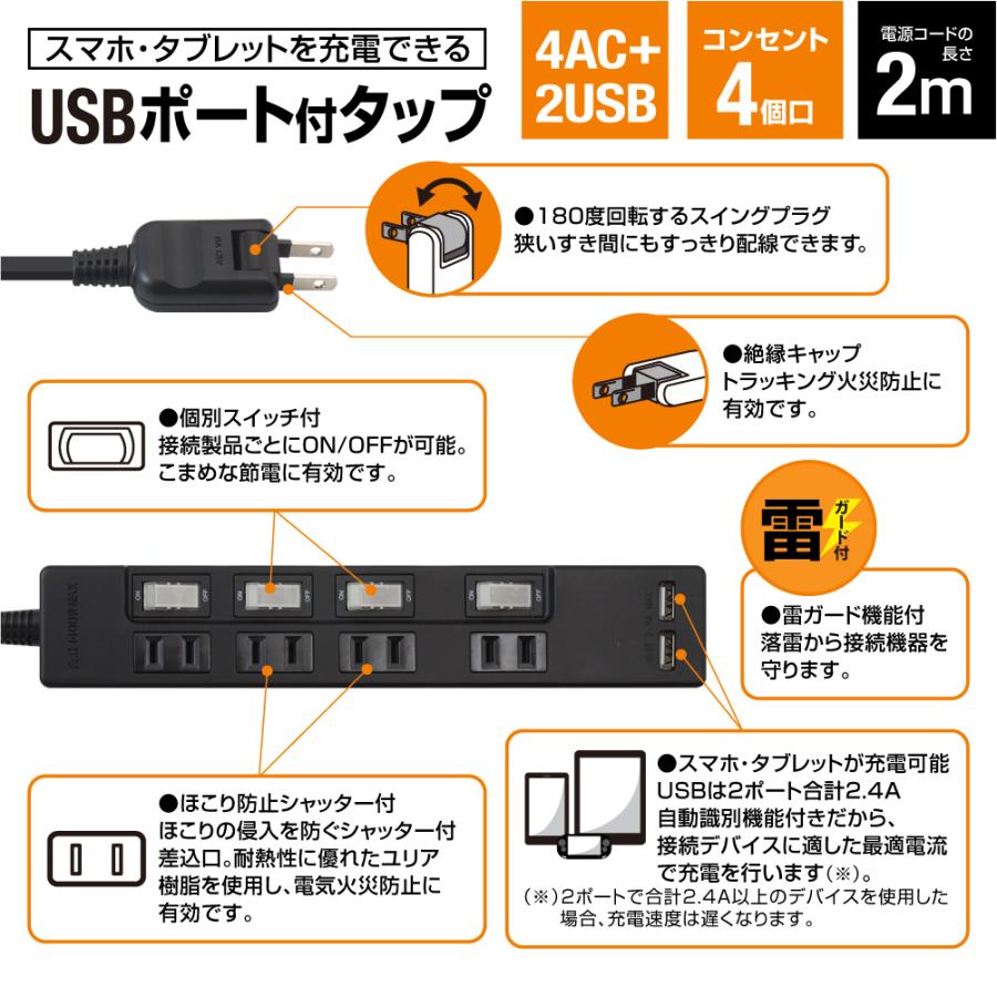 ブラック 延長コード 2m　電源タップ usb付き　雷ガード USB　充電ポート付　電源タップ 　２ポート合計2.4A出力・コンセント4口・2m　 USB 　延長コード｜fresasol｜02