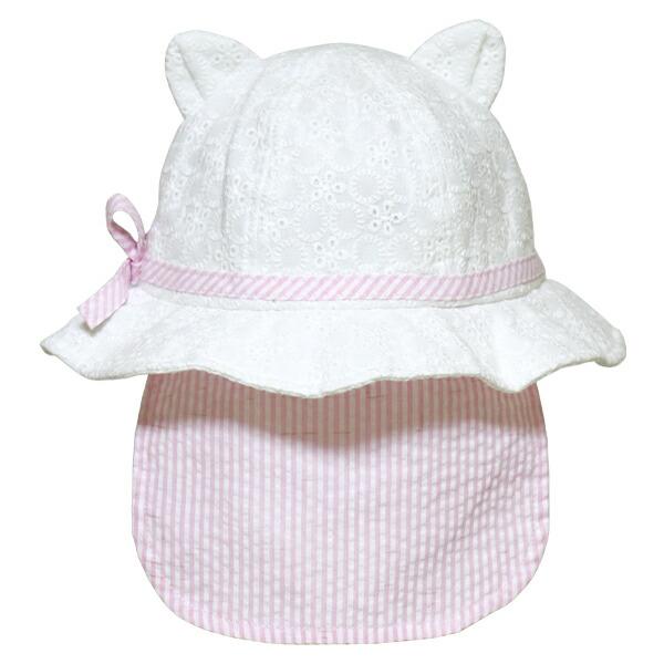 帽子 ベビー キッズ 子供用 女の子 Kids Foret キッズフォーレ(B35401) レース柄 耳付きハット 48cm 首の日よけ付き UVカット ゴム紐付き 綿 かわいい こども | Kids Foret | 05