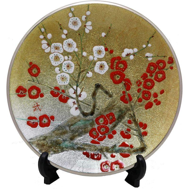 七宝焼 大皿・七宝焼『紅白梅』飾り皿(特大サイズ)飾りスタンド付き