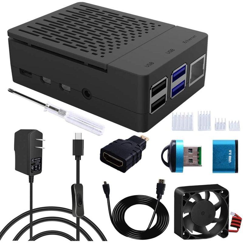 割引クーポンGeeekPi Raspberry Pi USB-C電源4個ヒートシンクUSBカードリーダー1mマイクロH 4ケース（ファン付き）5V 3A  ベアボーン、キット
