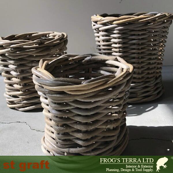 Gray Rattan Basket L ３個セット B1234（直径18cm×H18cm）（底穴なし）（ラタン/藤）（植木鉢/鉢カバー）（プランター/寄せ植え/ポット） |  | 01