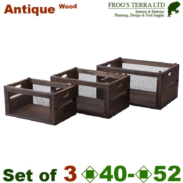 ウッドボックスディープ SML セット（S:W40cm×D26cm×H20cm/M:W47cm×D33cm×H25cm/L:W52.5cm×D36cm×H26.5cm）（アンティークウッド製）（什器/店舗用） | 