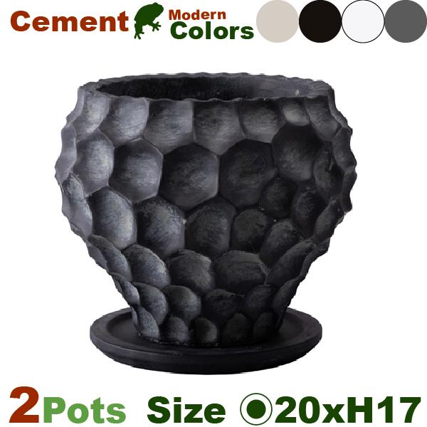 ガイヤ ボウル L 同サイズ同色2個セット(直径20cm×H17cm）（底穴あり/受皿付） ファイバーストーン スクエア プランター ポット セメント 軽量の画像