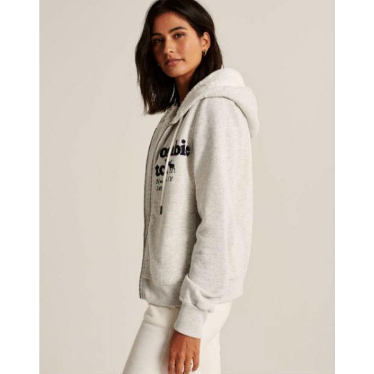 アバクロ レディース パーカー 6715 SherpaLined FullZip Logo Hoodie ライトグレイ