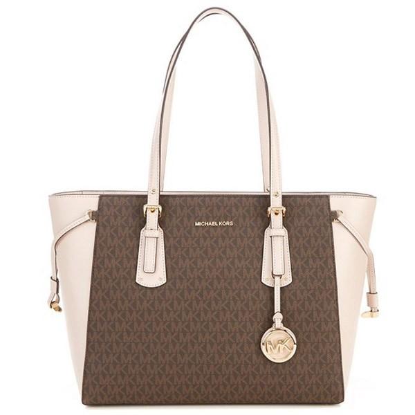 マイケルコース トートバッグ Michael Michael Kors 30F8GV6T8B Voyager Medium Logo Tote (Brown/Softpink) ミディアム ロゴ トート (ブラウン/ブソフトピンク)｜fromla