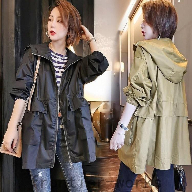 ナチュラルネイビー トレンチコート レディース ミディアム丈ジャケット スプリングコート 春コート ライトアウター 秋服 韓国風 フード付きバーカー 大きいサイズ Www Morinokodomo Pl